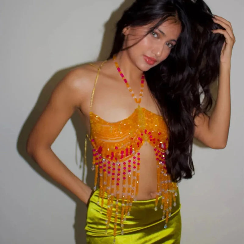 Handmade Orange Mermaid Body Chain Bralette With Beaded Harness
