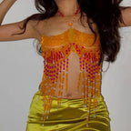 Handmade Orange Mermaid Body Chain Bralette With Beaded Harness