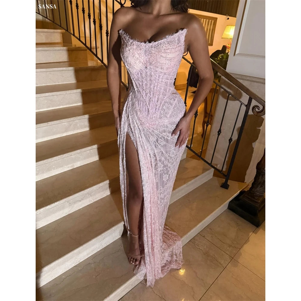 Soft Pink Mermaid Evening Gown With Side High Split And Pleats Sleeveless Floor Length Dress