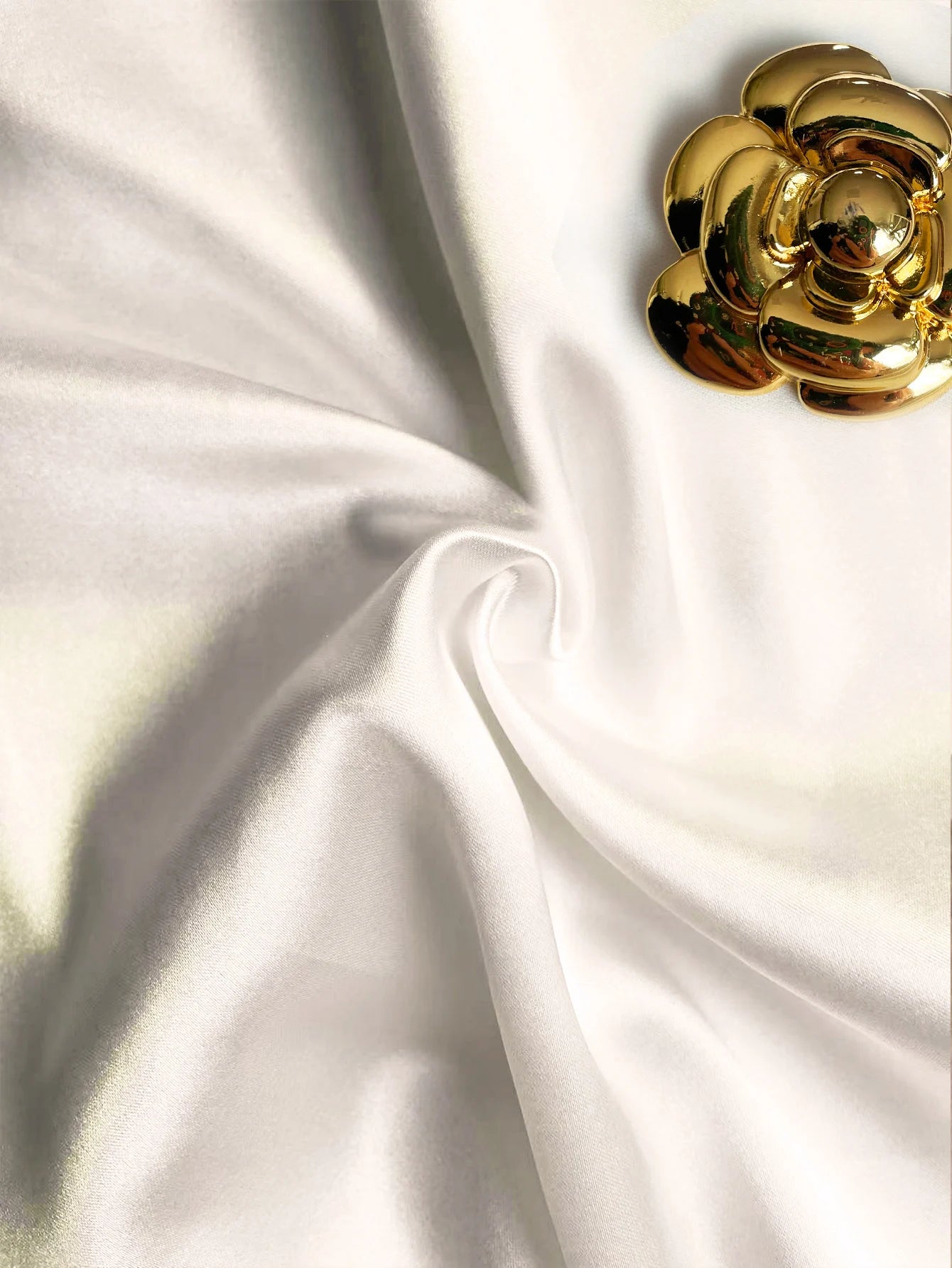 White Satin Shirt With Gold Flower Brooch Detail And Ruched Side Drawstring Blouse