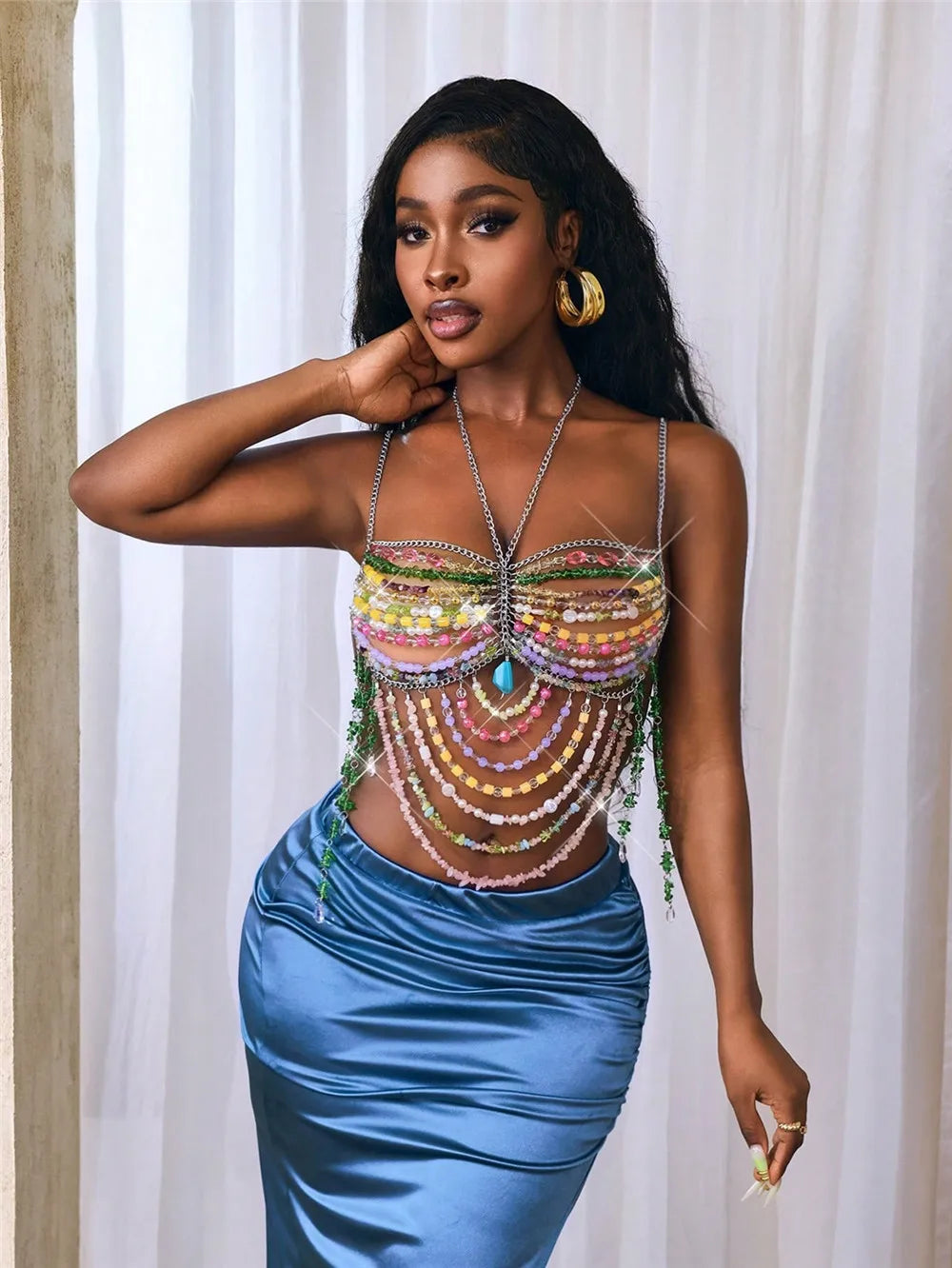 Multicolor Crystal Beaded Bralette Cover Up Halter Top With Chest Chain