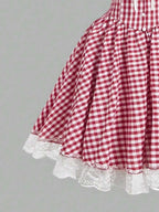 Country Plaid Lace Dress With Bow Trim