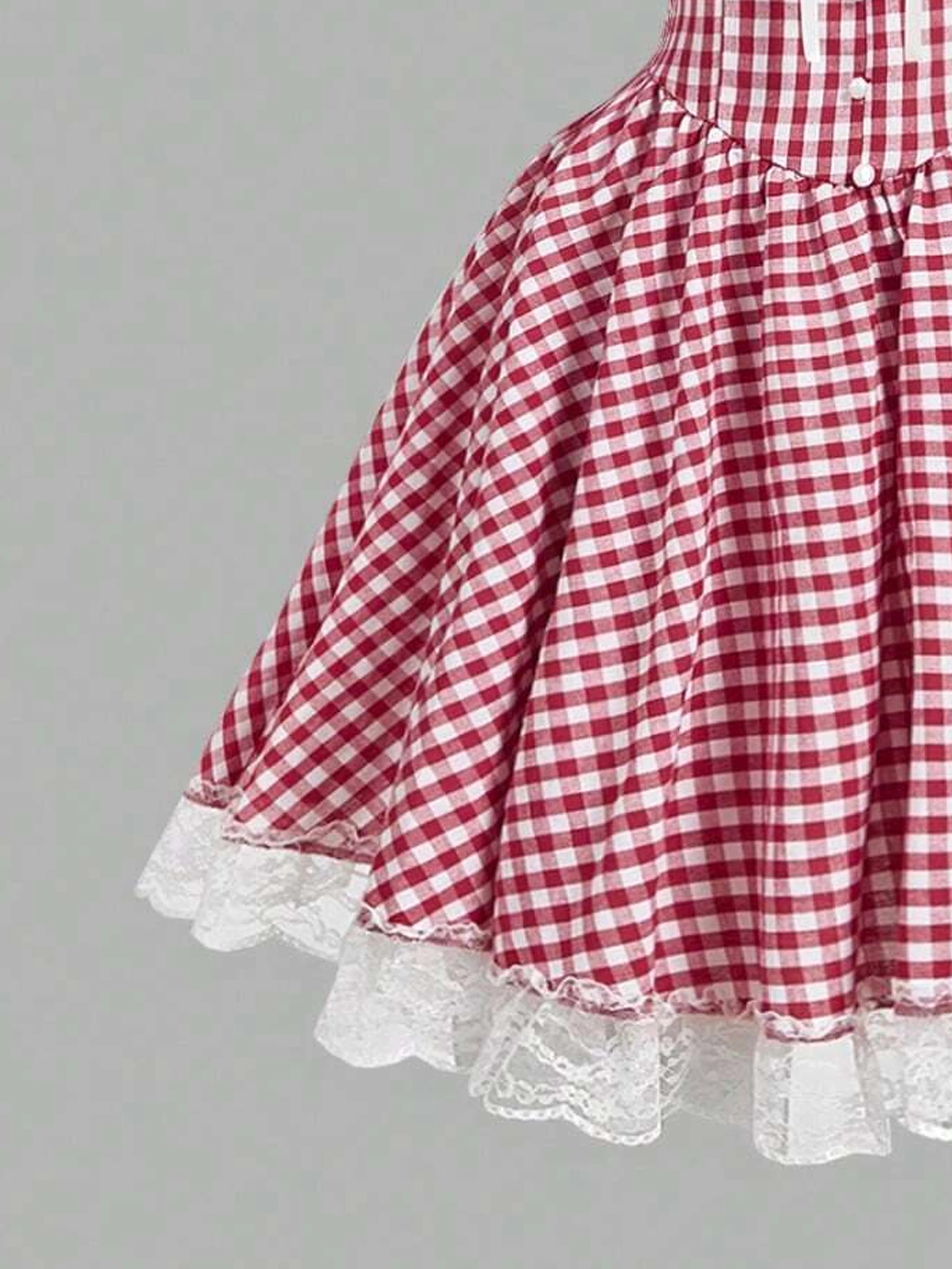 Country Plaid Lace Dress With Bow Trim