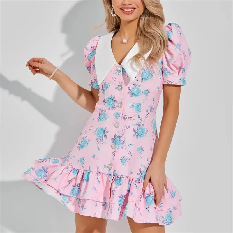 Puff Sleeves Ruffled Mini Dress With Pearl Buttons