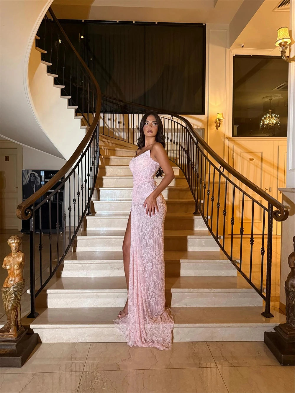 Soft Pink Mermaid Evening Gown With Side High Split And Pleats Sleeveless Floor Length Dress