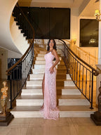 Soft Pink Mermaid Evening Gown With Side High Split And Pleats Sleeveless Floor Length Dress