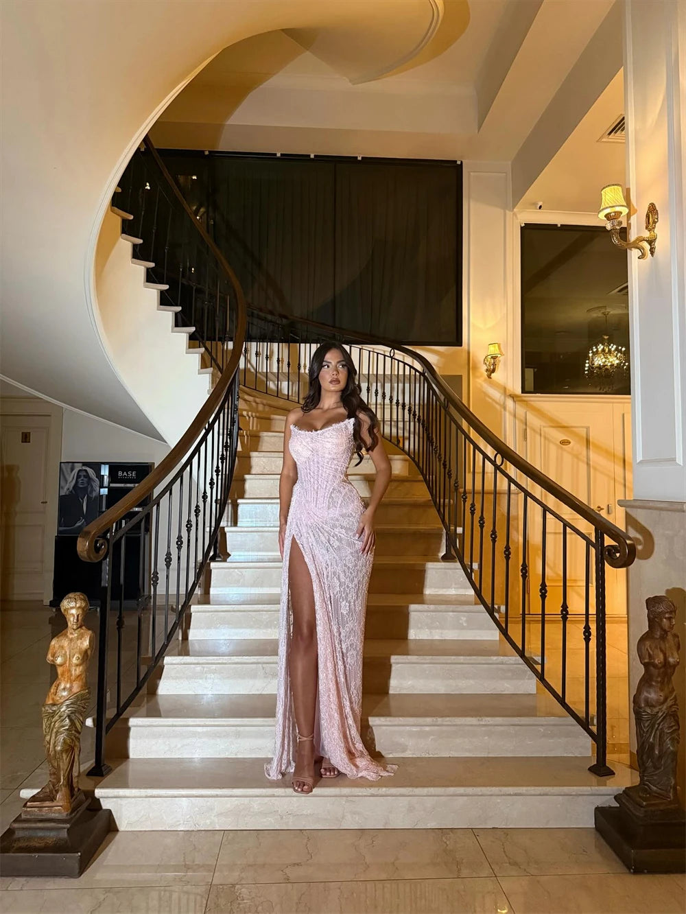Soft Pink Mermaid Evening Gown With Side High Split And Pleats Sleeveless Floor Length Dress