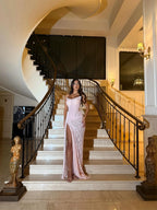 Soft Pink Mermaid Evening Gown With Side High Split And Pleats Sleeveless Floor Length Dress