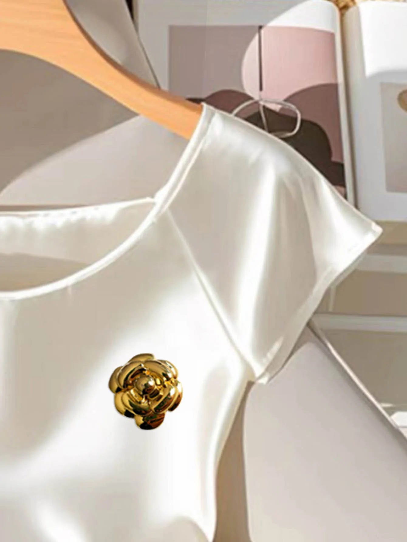 White Satin Shirt With Gold Flower Brooch Detail And Ruched Side Drawstring Blouse