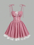 Country Plaid Lace Dress With Bow Trim