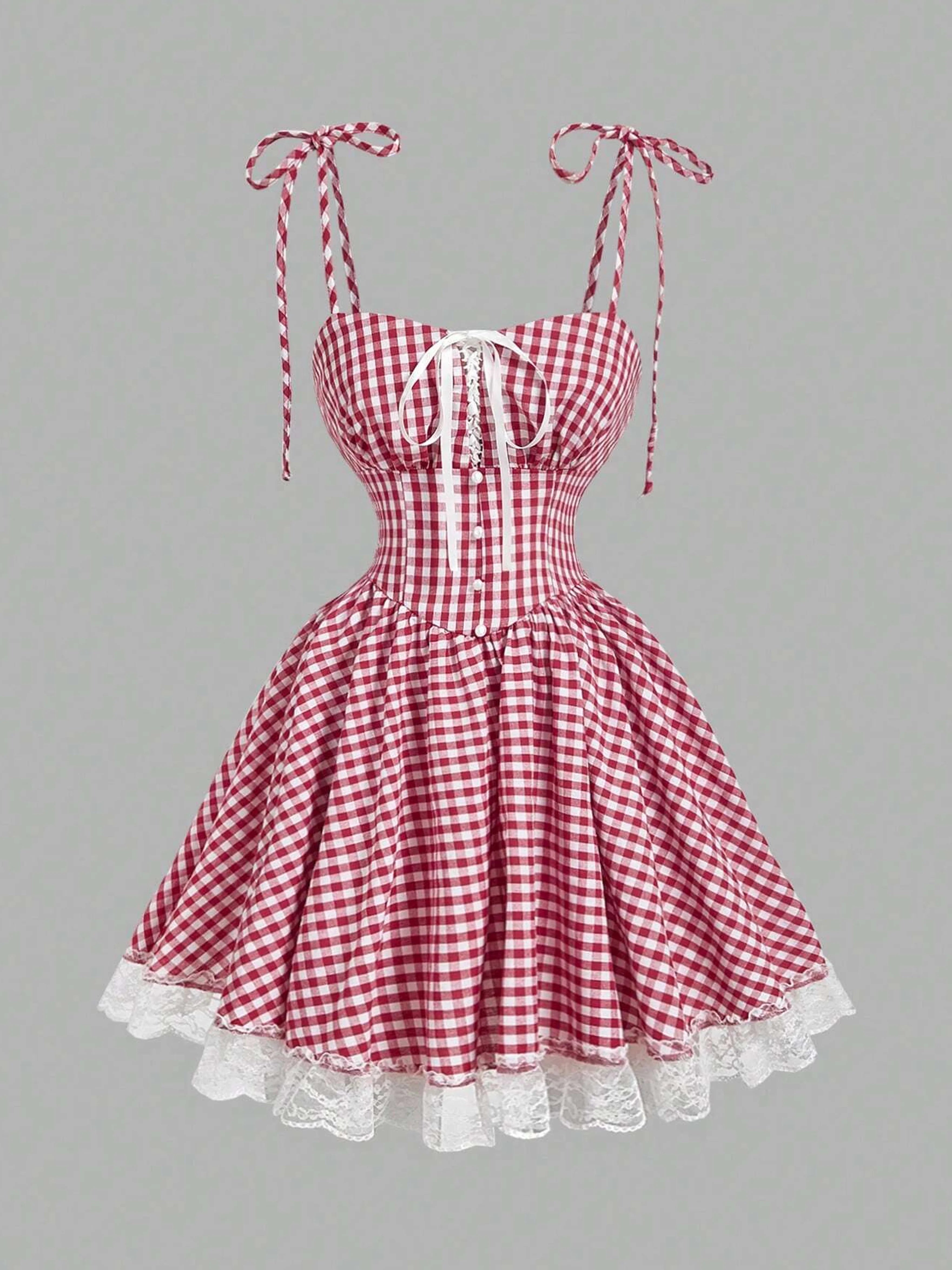 Country Plaid Lace Dress With Bow Trim