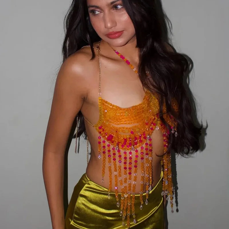 Handmade Orange Mermaid Body Chain Bralette With Beaded Harness