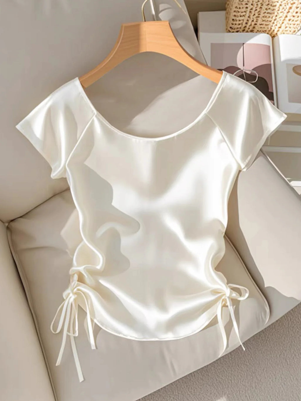 White Satin Shirt With Gold Flower Brooch Detail And Ruched Side Drawstring Blouse