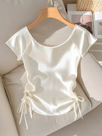 White Satin Shirt With Gold Flower Brooch Detail And Ruched Side Drawstring Blouse