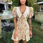 Puff Sleeves Ruffled Mini Dress With Pearl Buttons