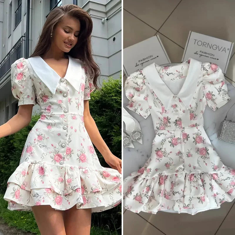 Puff Sleeves Ruffled Mini Dress With Pearl Buttons