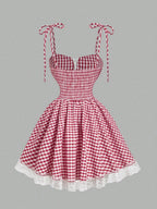 Country Plaid Lace Dress With Bow Trim