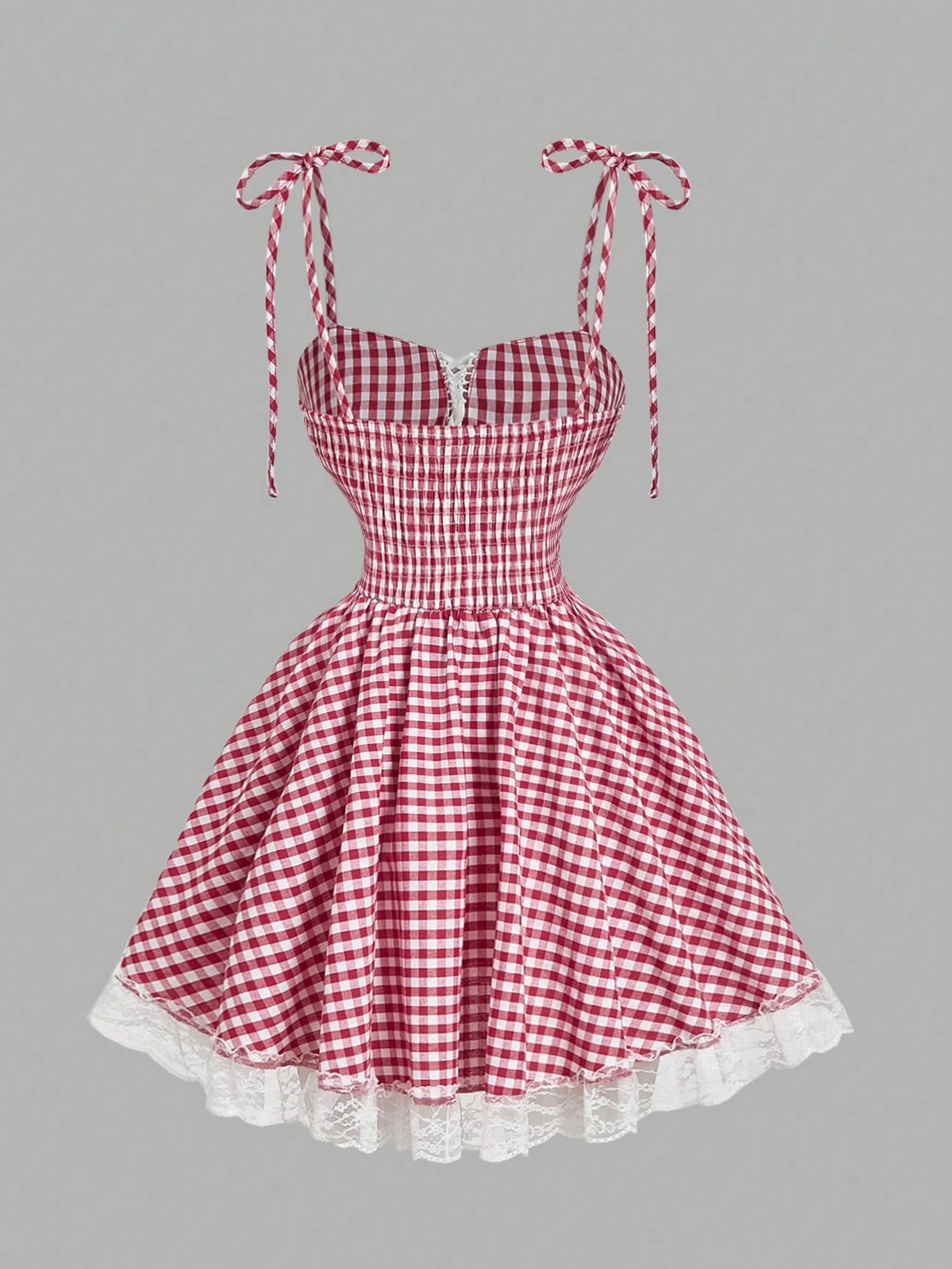 Country Plaid Lace Dress With Bow Trim