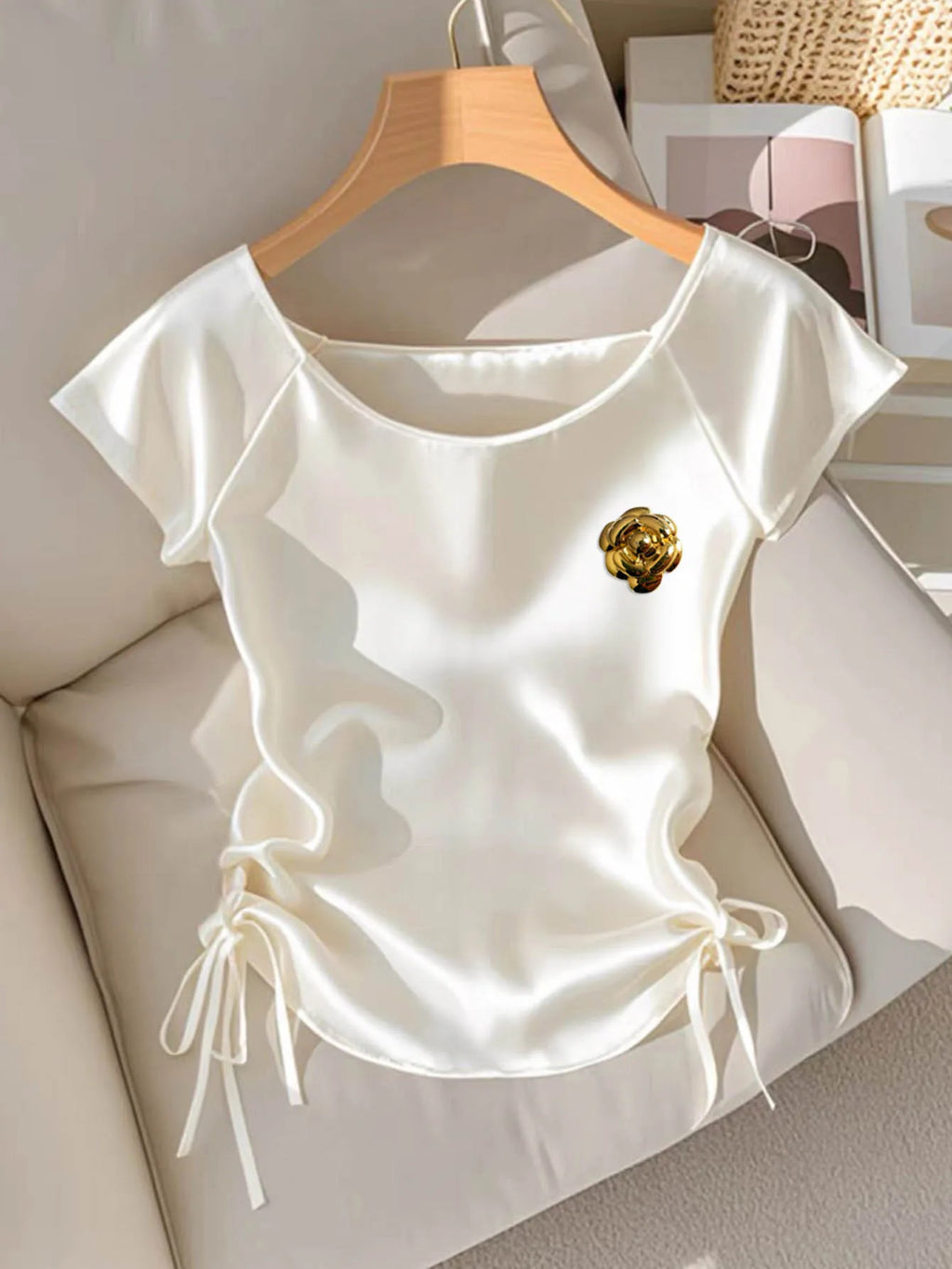 White Satin Shirt With Gold Flower Brooch Detail And Ruched Side Drawstring Blouse