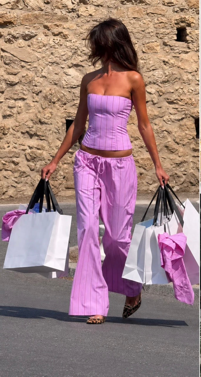 Striped Strapless Top Women Cropped High Waist Straight-leg Pants Sets