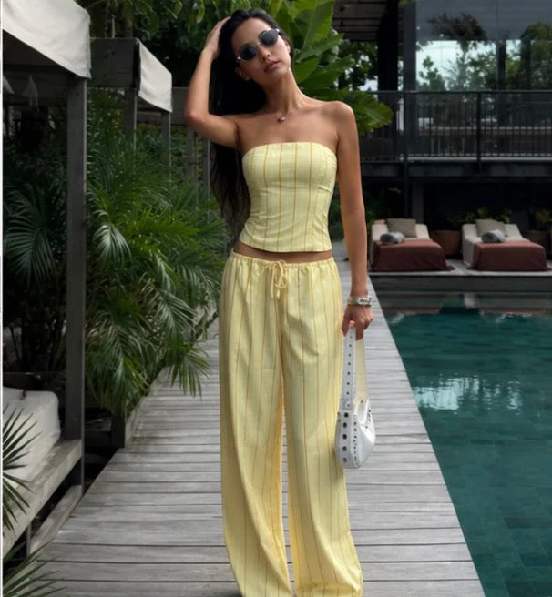 Striped Strapless Top Women Cropped High Waist Straight-leg Pants Sets
