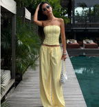 Striped Strapless Top Women Cropped High Waist Straight-leg Pants Sets