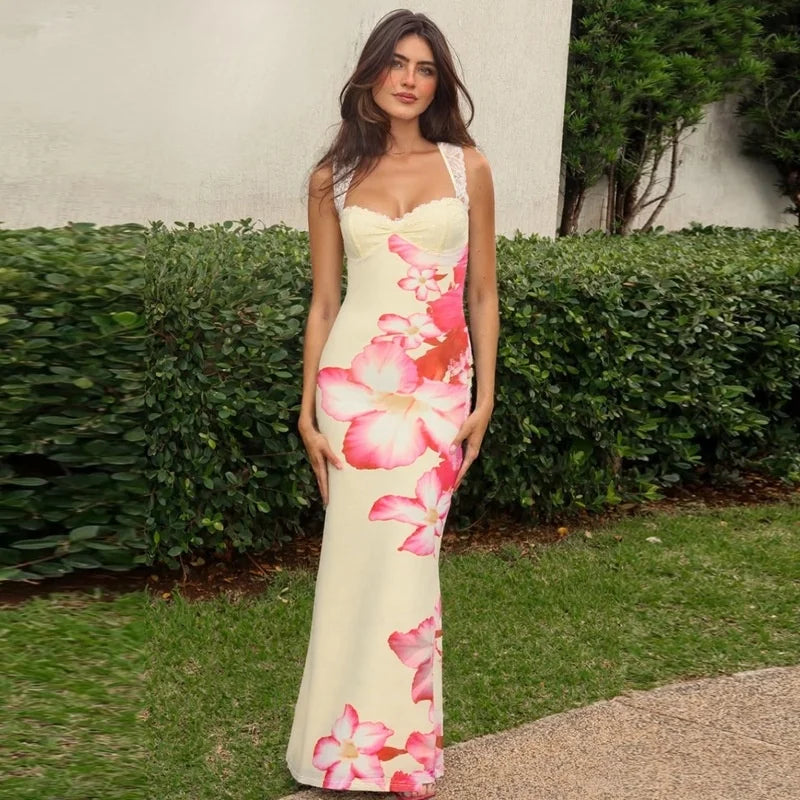 Romantic Lace Backless Maxi Dress With Floral Mesh