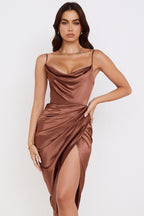 Elegant Satin Halter Dress Ruched High Slit Midi