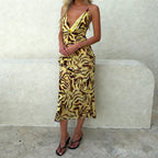Zebra Print Breathable Knit Midi Dress With Backless Plunge Neck