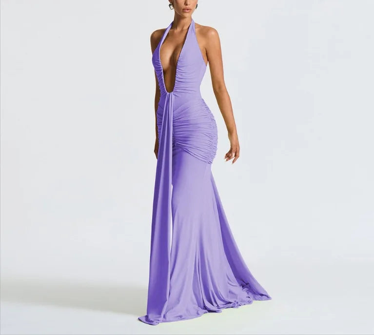 Deep V Choker Floor-Length Cashmere Dress