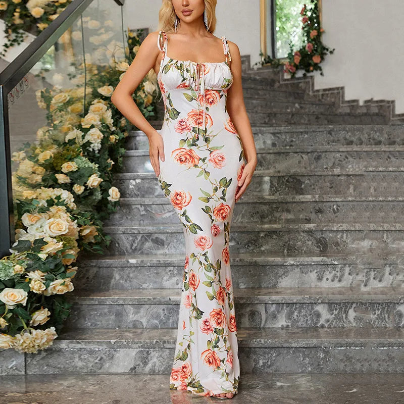 Floral Print Spaghetti Strap Maxi Dress With Lace Up Detail