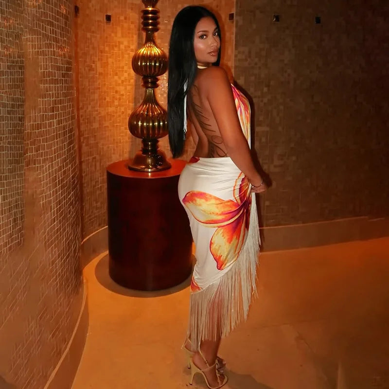 Chic Halter Maxi Dress Set With Fringe Deep V Backless Print