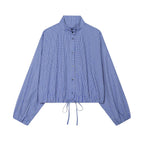 Plaid Puff Sleeve Long Sleeve Shirt With Stand Collar And Drawstring Hem