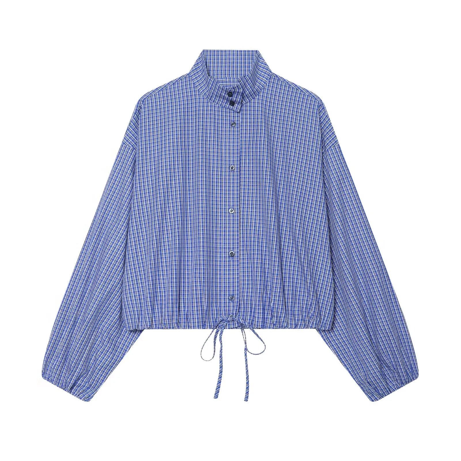 Plaid Puff Sleeve Long Sleeve Shirt With Stand Collar And Drawstring Hem