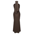 Brown Hollow Out Halter Satin Maxi Dress