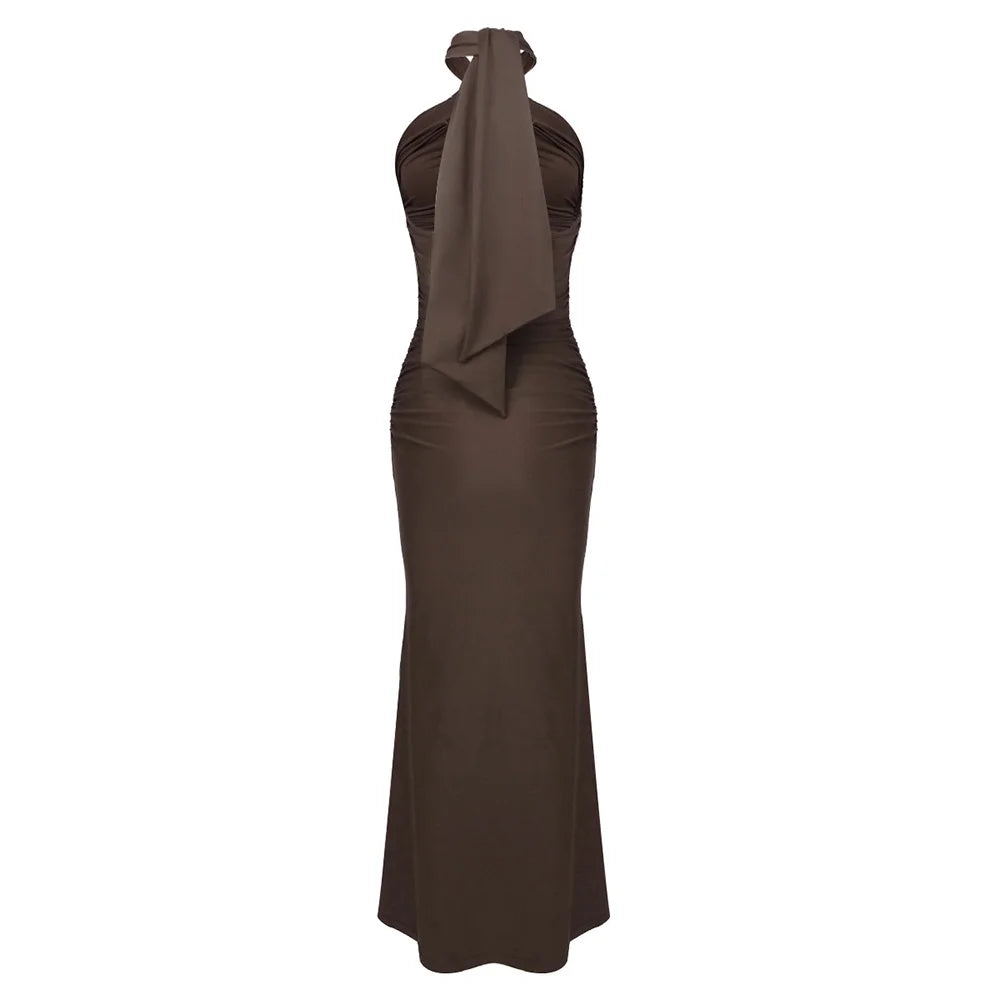Brown Hollow Out Halter Satin Maxi Dress