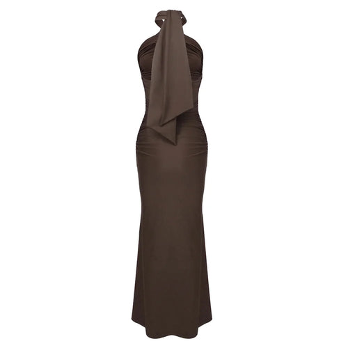Brown Hollow Out Halter Satin Maxi Dress