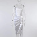 Elegant Satin Halter Dress Ruched High Slit Midi