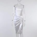 Elegant Satin Halter Dress Ruched High Slit Midi