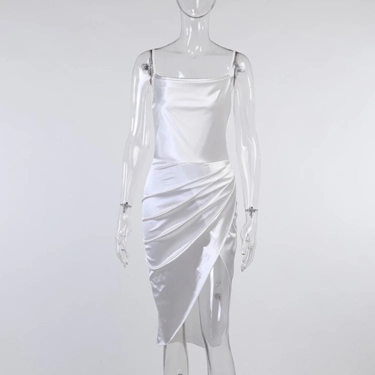 Elegant Satin Halter Dress Ruched High Slit Midi