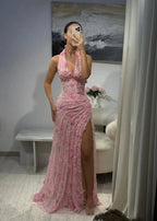 Midnight Bloom Halter Mermaid Evening Dress With Deep V Neck And 3D Floral Sequin Gown