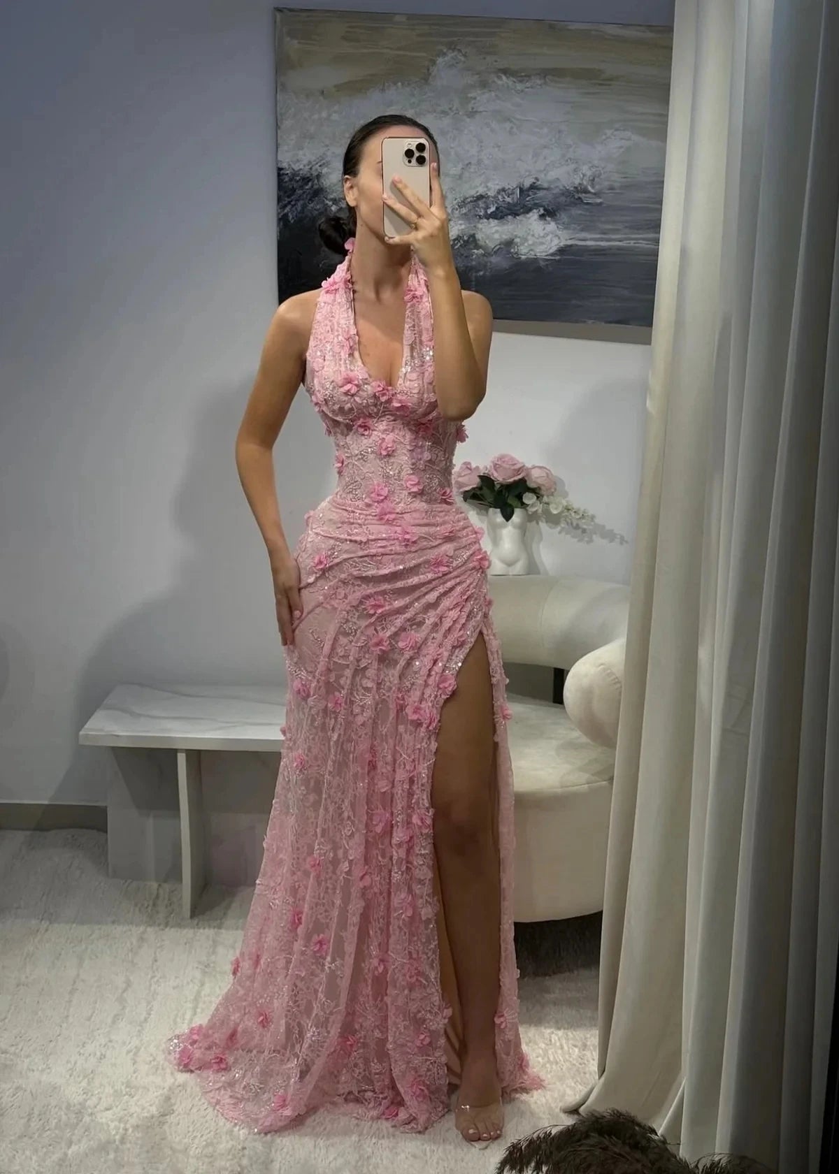 Midnight Bloom Halter Mermaid Evening Dress With Deep V Neck And 3D Floral Sequin Gown