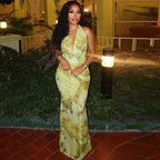 Yellow Green Patchwork Mesh Halter Maxi Dress