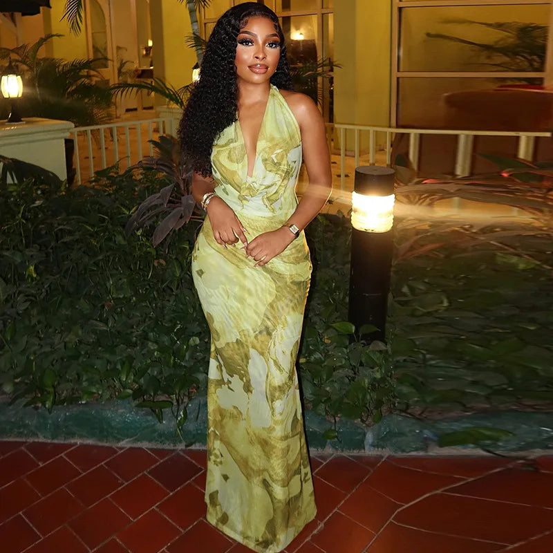 Yellow Green Patchwork Mesh Halter Maxi Dress