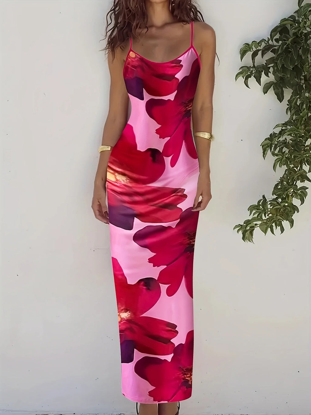 Floral Print Floor Length Dress With Low Cut Neckline Elegant Sling