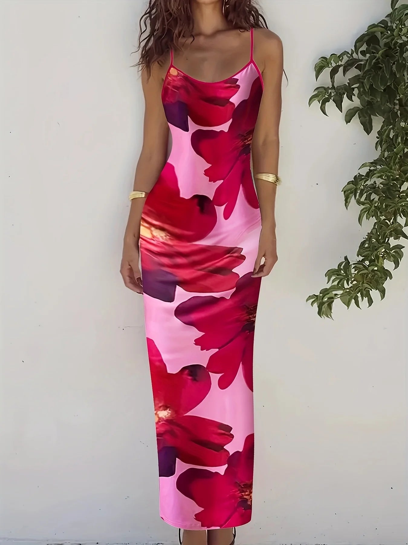 Floral Print Floor Length Dress With Low Cut Neckline Elegant Sling