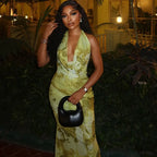 Yellow Green Patchwork Mesh Halter Maxi Dress