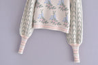 Front Wood Ears Ruffles Jacquard Cropped Sweater Vintage O neck Puff Sleeve Pullovers Short Jumper Knitwear