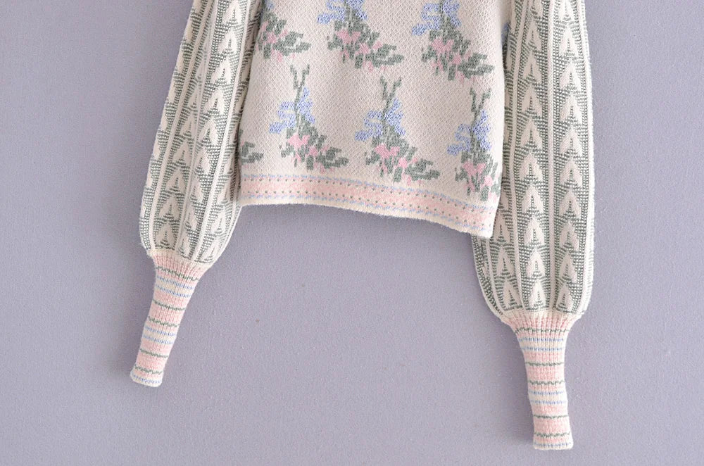 Front Wood Ears Ruffles Jacquard Cropped Sweater Vintage O neck Puff Sleeve Pullovers Short Jumper Knitwear