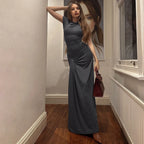 Vintage Short Sleeve Pleated Maxi  High Waist O-Neck Dress